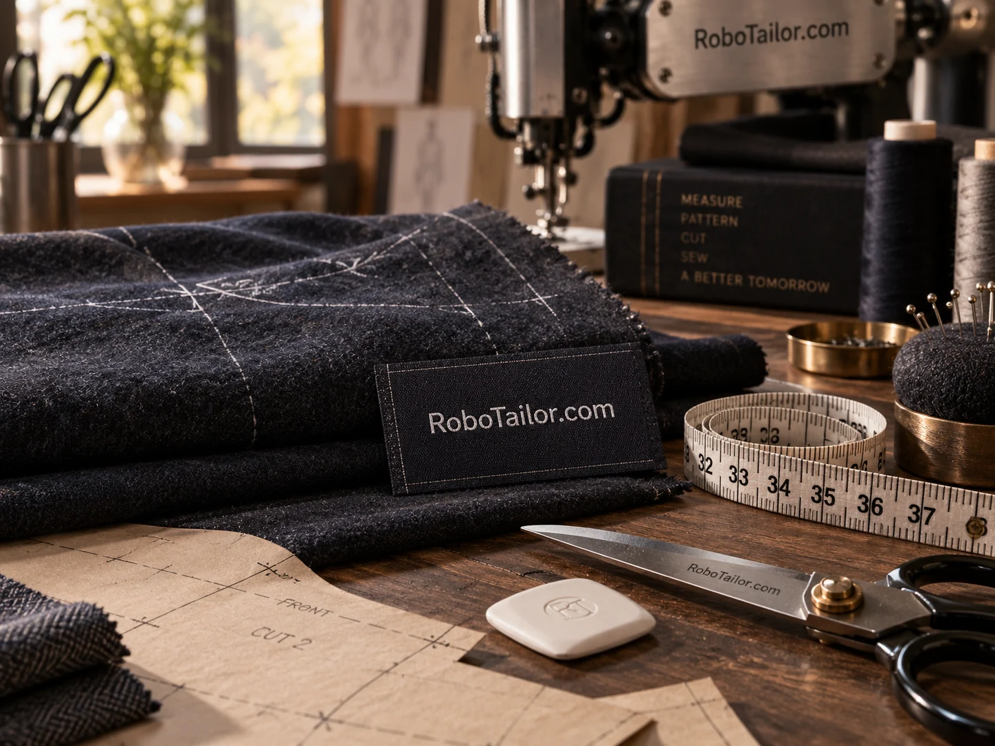 Chalk-marked wool, paper patterns and a RoboTailor.com card